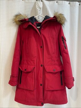 1 Madison Red Puffer Parka with Faux Fur Trim